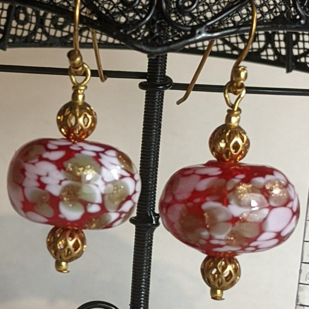 Handcrafted Blown Red Glass & Gold earrings. New!